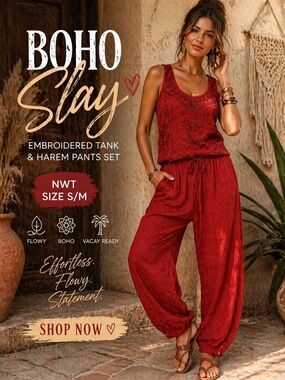 Rhea NWT Red Embroidered Tank Top & Harem Pants Set S/M Boho Festival